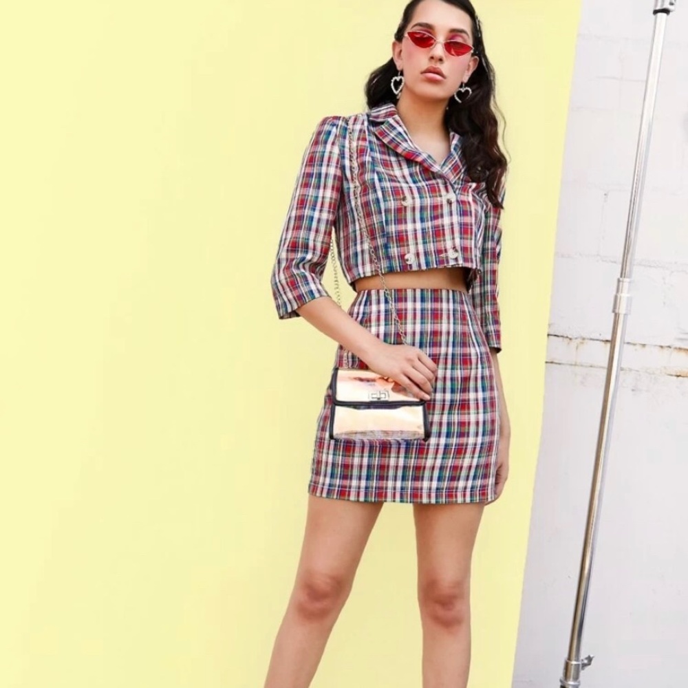 SHEIN Notched Collar Plaid Blazer and Skirt Set